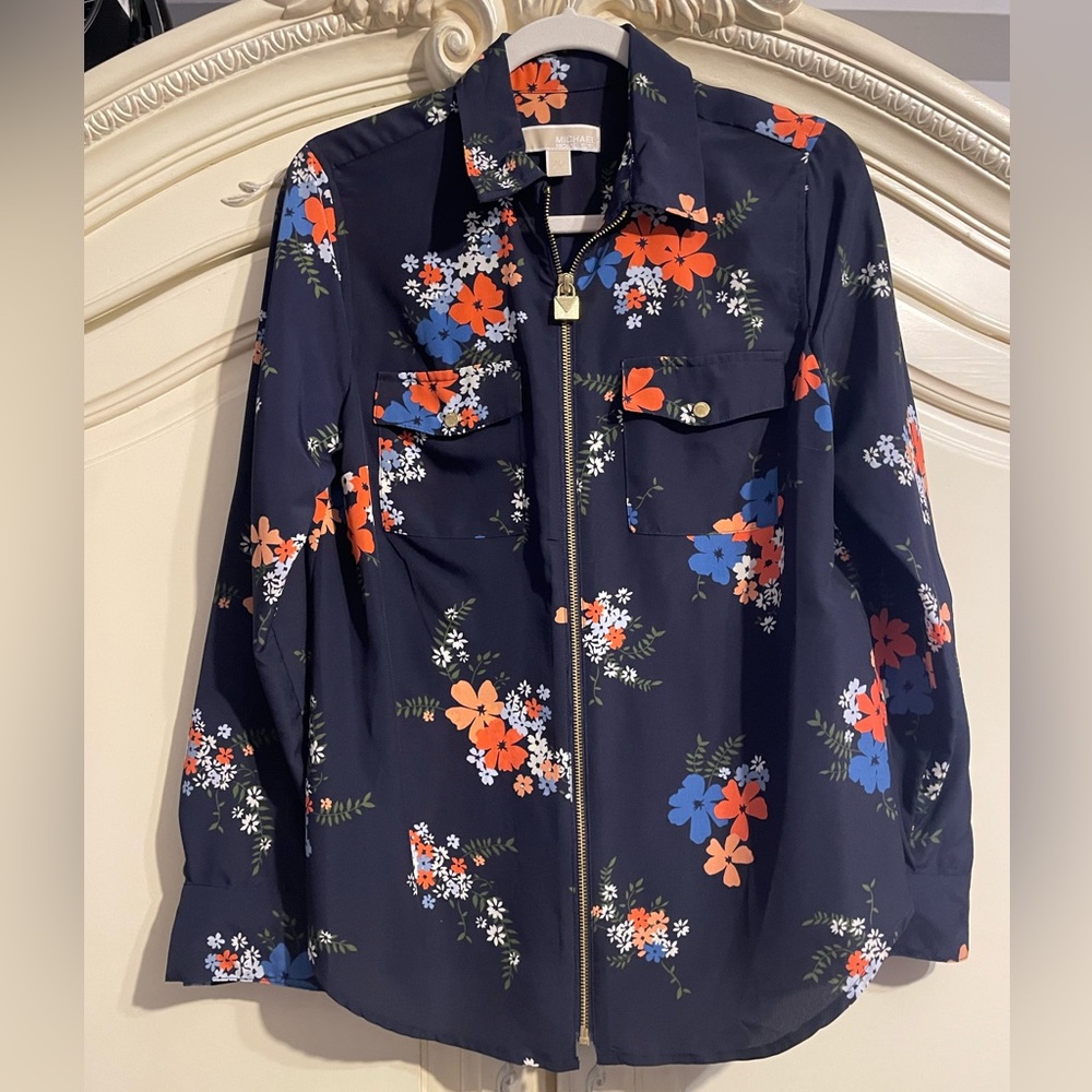 Michael Kors Blue Floral Print Full Zip Roll Tab Sleeve Blouse Medium